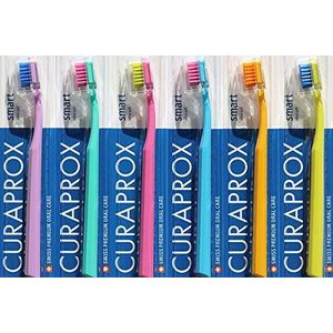Slimme tandenborstel, voor kinderen en volwassenen, met kleine mond, zeer zacht, 6 hoogwaardige borstels mooie kleuren voor jongens/haar en meisjes/u. Curaprox 7600 Ultra Soft Smart (kleuren variëren)