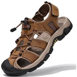 Heren grote maat gesloten teen sandalen, mode echt lederen wandelsandalen, holle backpacken strandschoenen, Bruin, 44 EU