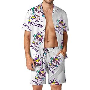 Eenhoorn kat Hawaiiaanse bijpassende set 2-delige outfits button-down shirts en shorts voor strandvakantie