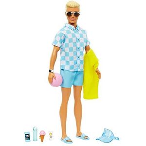Blonde Ken Pop met blauw overhemd en zwembroek, zonneklep, handdoek en accessoires met strandthema HPL74