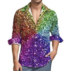 Regenboog Glitter Achtergrond Casual Heren Shirts Lange Mouw met Zak Hawaiiaans Shirt Vakantie 4XL