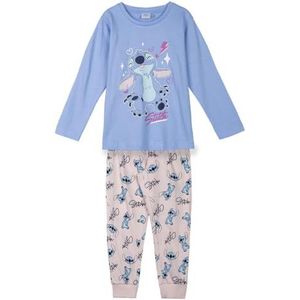 Disney Lilo en Stitch meisjespyjama, maat 128-164, lichtblauw bovendeel met stitch, roze broek met patroon, 100% katoen, lichtblauw, 128