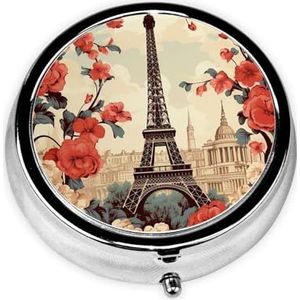 Pillendoosje met spiegel, retro pillendoosje met 3 vakken, Paris Vintage Floral kleine pillenorganizer voor portemonnee of zak, decoratieve metalen geneeskunde, vitamine-organizer, unieke geschenken