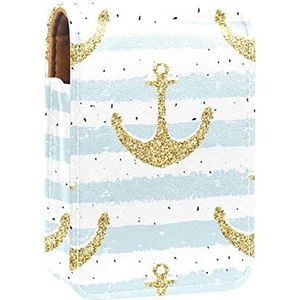 Draagbare Lipstick Case voor op reis,Mini Lipstick Opbergdoos met spiegel voor dames dames, Lederen cosmetische etui Gouden anker, Meerkleurig, 9.5x2x7 cm/3.7x0.8x2.7 in