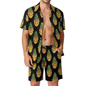 Alien Pineapple Hawaiiaanse bijpassende set voor heren, 2-delige outfits, button-down shirts en shorts voor strandvakantie