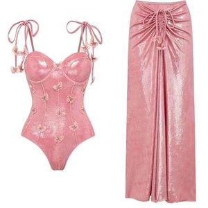 HFYRBDKSPI Eendelig damesbadpak met cover-up wrap lange rok strand glanzende badmode tweedelig badpak,Roze,L