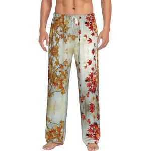 Dexnel Gouden Bladeren Zachte Pyjama Broek Voor Mannen,Klassieke Slaapbroek Comfortabel, Polyester Pyjama Broek Met Zakken, Wit, S