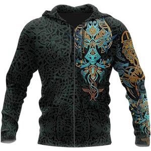 Odin Wolf Tattoo hoodie Voor Heren, Noorse Mythologie 3D Digitaal Geprint Modieus Harajuku-ritsjack, Herfst Casual Ronde Hals Los Grote Maat Sweatshirt(Color:Zip Hoodie,Size:M)