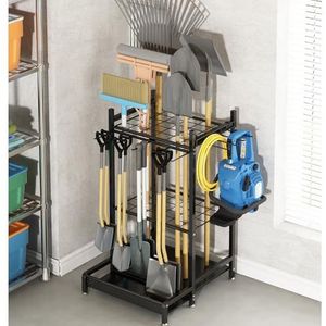 GILLAS Tuingereedschap-organizer voor garage, opbergrekken voor nutsbedrijven met haken, metalen werfgereedschapstandhouder organizer voor lange steel, bezem, schop, hark, stevig zwaar rek voor
