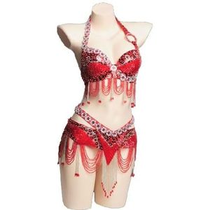 Buikdans Kostuums Voor Dames Dansoutfits Voor Rave Festivals Voor Dames Buikdanseres Top BH En Buikdanseres Riem 2-Delige Set,Rood,L