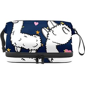 Multifunctionele opslag reizen cosmetische tas met handvat,Schattig dier alpaca hart patroon,Grote capaciteit reizen cosmetische tas, Meerkleurig, 27x15x14 cm/10.6x5.9x5.5 in