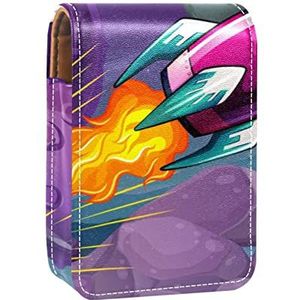 Gepersonaliseerde Lipstick Case Draagbare Make-up Tas Cosmetische Pouch Lippenstift Houder Make-up Organizer Paars Raket Vliegen over de Maan, Meerkleurig, 9.5x2x7 cm/3.7x0.8x2.7 in