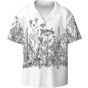 OdDdot Zwart en wit bloemenprint herenoverhemden atletisch slim fit korte mouw casual zakelijk overhemd met knopen, Zwart, 3XL