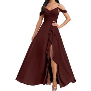 HPPEE Koude Schouder Bruidsmeisjes Jurken met Split Ruches A-lijn Chiffon Formele Avondfeestjurk, Bordeaux, 32