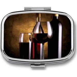 Kleine pillendoos met 2 compartimenten, drie wijnflessen en glas over medicijnpillenetui, gepersonaliseerde pillendoos voor portemonnee, reizen, pillenorganizer, draagbare dagelijkse pillendoos voor