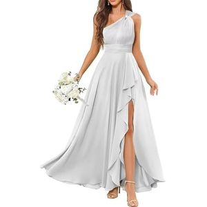 HPPEE Avondjurk met één schouder voor dames, met split en ruches, mouwloos, chiffon, formele avondjurk, Wit, 32