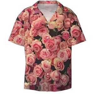 Roze Rose Close-up Print Heren Jurk Shirts Casual Button Down Korte Mouw Zomer Strand Shirt Vakantie Shirts, Zwart, S