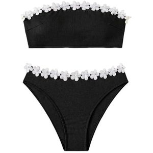 HFYRBDKSPI Dames 2-Delige Badpakken met Bloemenversiering, Tubetop Hoog Uitgesneden Onderkant Geribbelde Bikiniset Strapless Badpakken,zwart,L