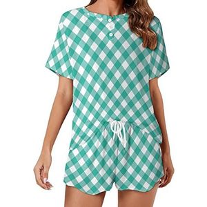 Groen Wit Plaid Kerst Zachte Dames Pyjama Korte Mouw Pyjama Loungewear met Zakken Gift voor Thuis Strand XL