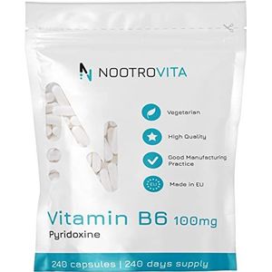 Vitamine B6 Hoge Dosis 100mg - 240 Capsules - Pyridoxine | Veganistische vitamine B6, zonder kunstmatige vulstoffen | Allergeen- en glutenvrij | Nootrovita