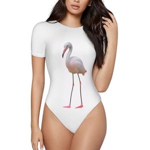ELSMZXZD Bodysuit met korte mouwen voor dames - flamingo's op wit bedrukt body suit met ronde hals, rekbaar T-shirt, casual slim fit turnpakje, 3 D, S
