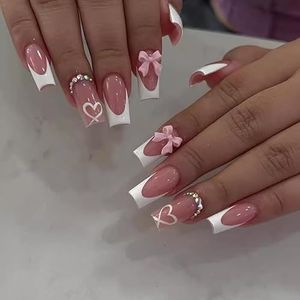 Valse nagels, lang, MouyouGlow, ballerina, nude, roze, wit, French 3D, cross, strik, strik, hart, liefde, Y2K, coquette press on nails met nagellijm, Valentine nepnagels