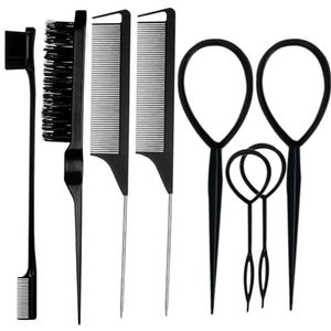 WWZ889 8 stuks zwarte haarborstels set met 4 stuks Topsy Tail Tools, plagen varkenshaar, rand controle borstel en 2 stuks metalen pin rat staart kammen voor vrouwen haar styling en borstelen