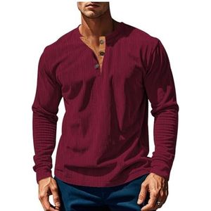 Heren Casual Ronde Hals Lange Mouw T-shirts Knoopsluiting Corduroy Slim-fit Ademend Effen Kleur Pullover ﻿ ﻿ ﻿(Burgundy,3XL)
