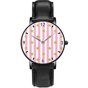 Goud Glitter Ster Op Roze Gestreepte Persoonlijkheid Business Casual Horloges Mannen Vrouwen Quartz Analoge Horloges, Zwart