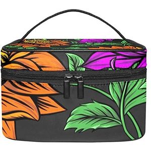 Tekening Oranje Rose Bloem Groene Bladeren Make-up Organizer Bag, Reizen Make-up Tas Organizer Case Draagbare Cosmetische Tas voor Vrouwen en Meisjes Toiletartikelen, Meerkleurig, 22.5x15x13.8cm/8.9x5.9x5.4in