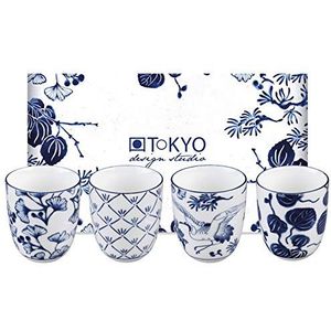 TOKYO Design Studio Flora Japonica Set van 4 kopjes blauw-wit met schotels, Ø 10 cm, 6,5 cm hoog, 250 ml, Aziatisch porselein, Japans bloemmotief, incl. geschenkverpakking