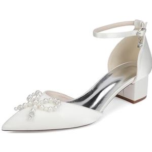 GHSIRUEU Vrouwen Parel blokhakken met strik Satijnen bruiloft schoenen voor bruid Lage hakken enkelband Pointed Toe pompen,ivoor,35 EU