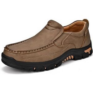 Men's Slip-On Leather Platform Walking Loafers Outdoor Lightweight Non-Slip Soft Sole Hiking Shoes (Color : Khaki, Size : EU 43)