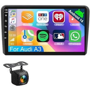 Android 14.0 2 Din Autoradio 9"" Touchscreen Auto Stereo voor Audi A3 met Draadloze Carplay Android Auto GPS navigatie AHD Omgekeerd beeld Stuurwielbediening(S-6(8G+128G))