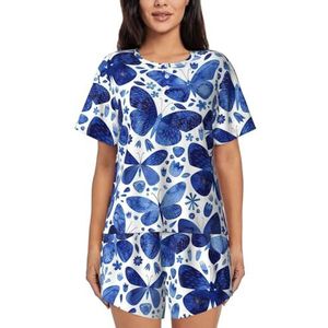 Blauwe Vlinders Print Dames Zomer Zachte Tweedelige Bijpassende Outfits Korte Mouw Pyjama Lounge Pyjama Sets, Zwart, XL