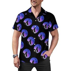 Huilende wolf silhouet Galaxy casual overhemden met knopen voor heren, korte mouwen, Cubaanse kraag, T-shirts, tops, Hawaiiaans T-shirt, 4XL