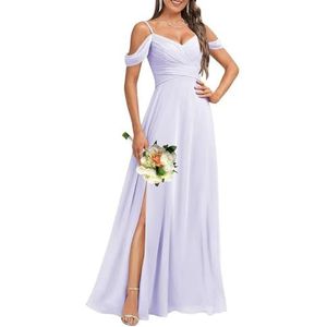 HPPEE Dames koude schouder V-hals chiffon bruidsmeisjes jurken met split geplooide formele jurk avondjurk, Lavendel, 32