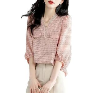 Dameskleding Kant Patchwork Shirt Vrouwelijke Lente Zomer Mode Koreaanse Losse Plaid V-hals Knop Blouse, Pnnrk, M