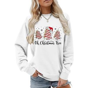 MLZHAN Oh Kerstboom Vrouwen Sweatshirt Leuke Kerstbomen Met Hoeden Sneeuw Print Merry Christmas Lange Mouw Sweatshirts, Wit, S