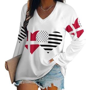 Denemarken Vlag En Zwarte Vlag Van Amerika Vrouwen Casual Lange Mouw T-shirts V-hals Gedrukt Grafische Blouses Tee Tops XL