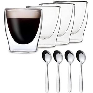 DUOS® Espressokopjes, set van 4 x 80 ml + 4 x lepels, espressoglazen, espresso kopjes, dubbelwandige glazen, espressokopjes, glas, thermoglazen, dubbelwandig, latte macchiato-glazen, dubbelwandig