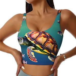 Zeeschildpad met vissenprint, comfortabel sportvest voor vrouwen, yoga, trainingsvest voor vrouwen, lichtgewicht, zomer, Zwart, S