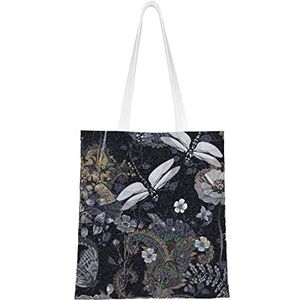 EVANEM Canvas Tote Bag Voor Vrouw Dinosaurus Palmblad Schouder Handtassen Herbruikbare Boodschappentassen Portemonnee Boodschappent, Libellen Grijs, Eén maat