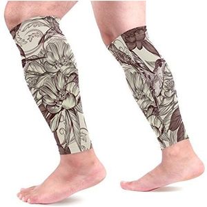 EZIOLY Kolibrie Bloemen Sport Kalf Compressie Mouwen Been Compressie Sokken Kalf Guard voor hardlopen, Fietsen, Moederschap, Reizen, Verpleegkundigen