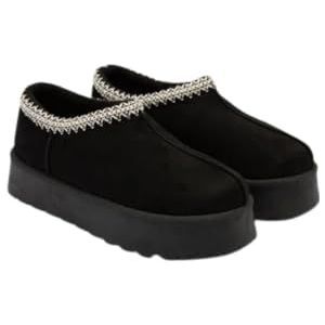 Femme Luxe Dames instaplaarzen met plateauzool, laarzen van imitatiesuède, geborduurde vlecht detail, verkrijgbaar in de maten 36-36, casual comfortschoenen, Zwart, 40 EU