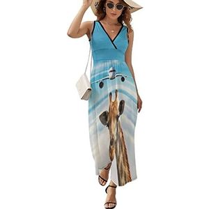 Giraffe hoofd boven wolken en een vliegtuig dames lange jurk mouwloze maxi-jurk zomerjurk strand feestjurken avondjurk XL
