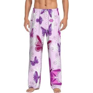 Roze Vlinder Mannen Lange Lounge Wear Broek Nachtkleding Pyjama Bodems Nachtkleding Met Zakken En Trekkoord, Wit, S