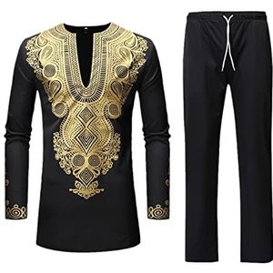 Afrikaanse Dashiki Shirt Pant Set 2-delige Outfit Set Afrikaanse Mannen Lange Mouw Dashiki Shirt Met Broek Goud Usa L