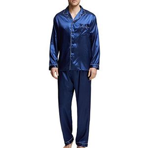 Satijnen pyjama voor heren, nachtkleding, loungewear, Blauw met witte bies, M