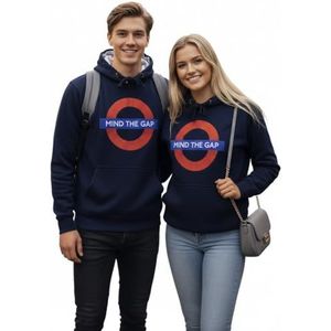 Mind The Gap Logo Navy geborduurde hoodie (met buizenkaart in de capuchon), marineblauw, XS